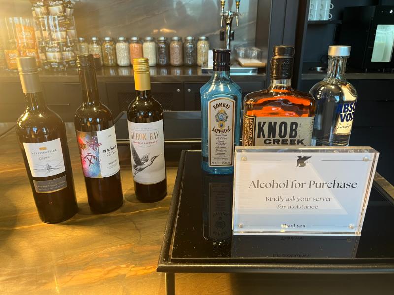 Wine, champagne, and spirits available for purchase at the JW Marriott Executive Lounge, Vancouver.