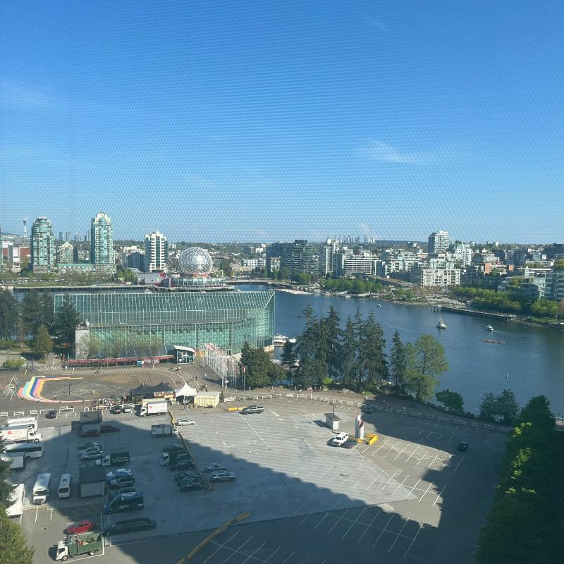 Scenic room view of False Creek and Science World from JW Marriott Vancouver, also visible from the lounge.