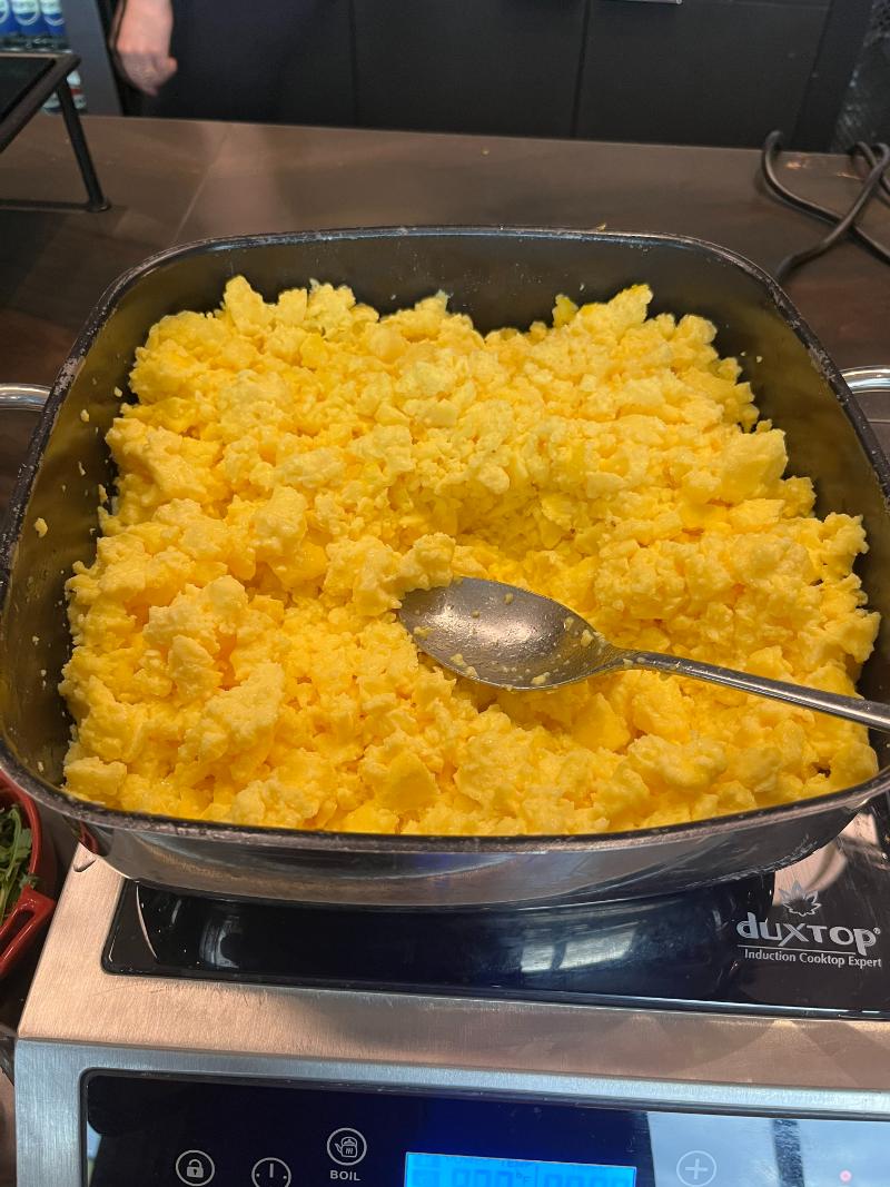 Scrambled eggs served at the JW Marriott Executive Lounge breakfast buffet in Vancouver.