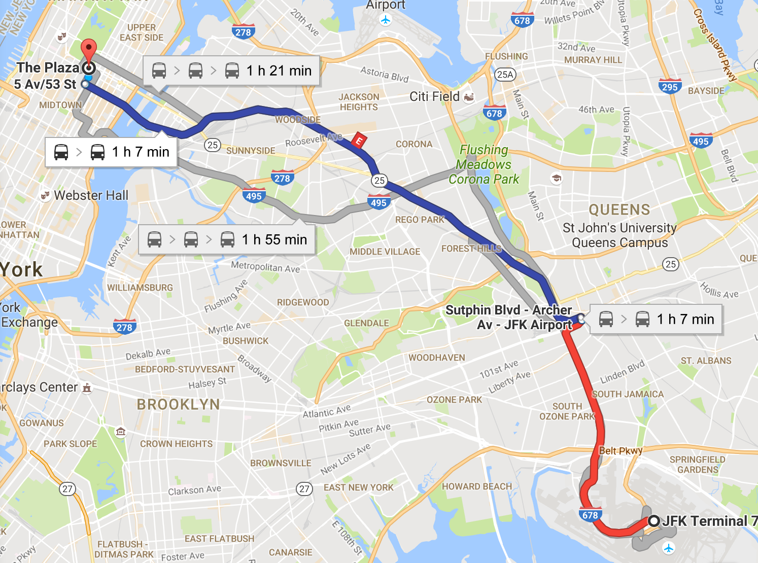 Google Map Directions from JFK Airport to The Plaza Hotel