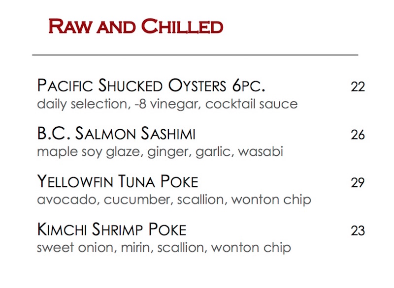 Raw And Chilled Menu
