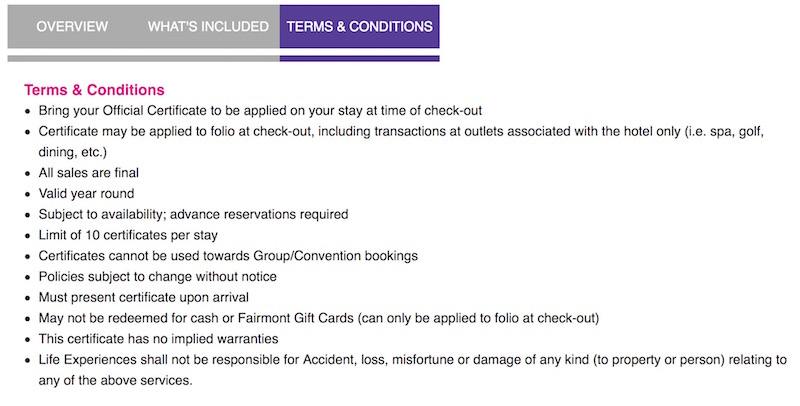 Life Experiences Fairmont Gift Certificate Terms And Conditions 