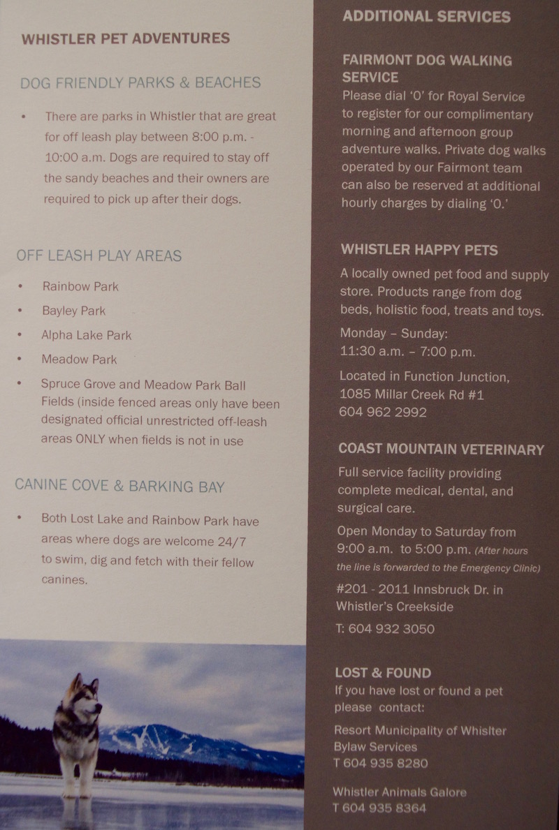 Fairmont Whistler Dog Friendly Program - Pampered Pups Brochure